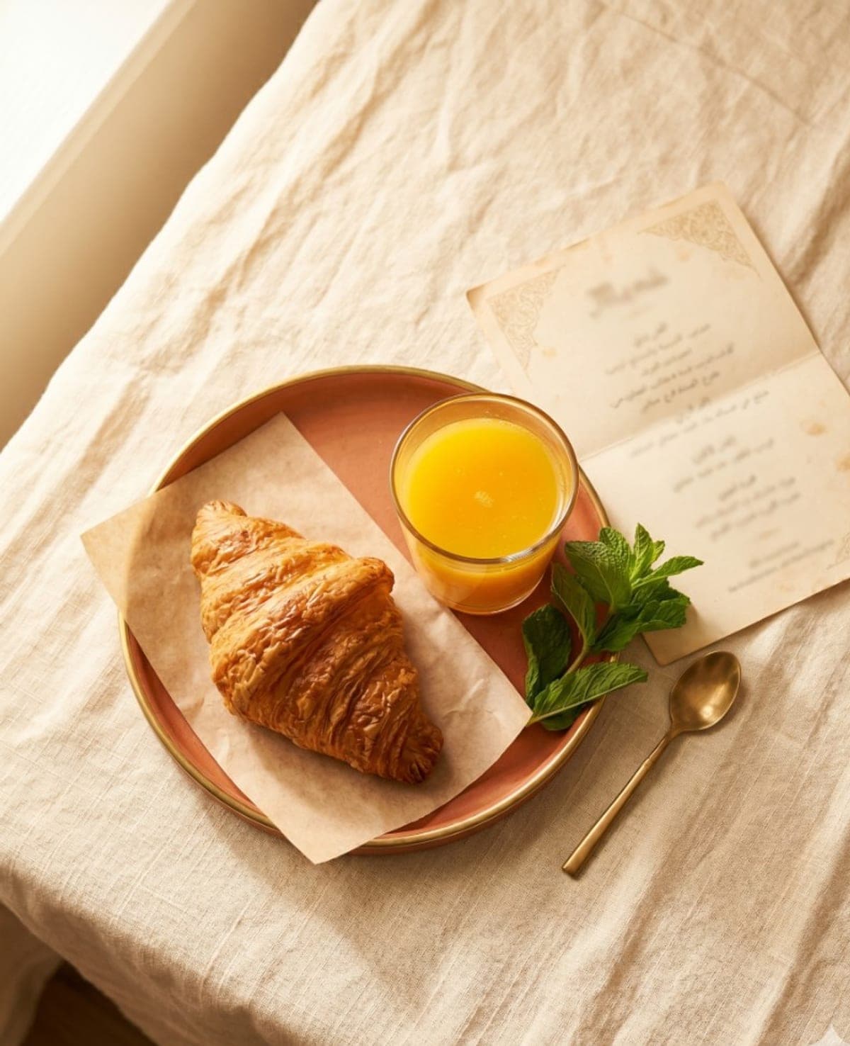 A fresh croissant with orange juice on a soft linen tablecloth — appetite-setting visual, not a specific offer.