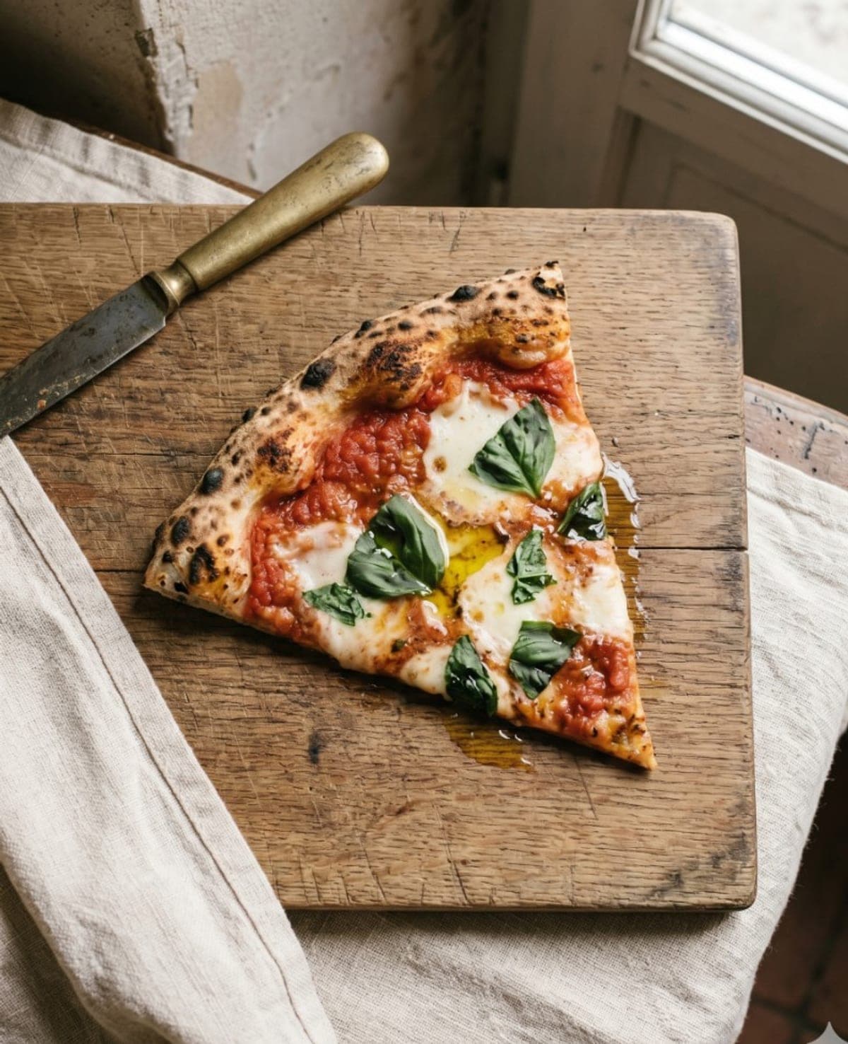 A wood-fired pizza slice on a rustic wooden board — appetite-setting visual, not a specific offer.