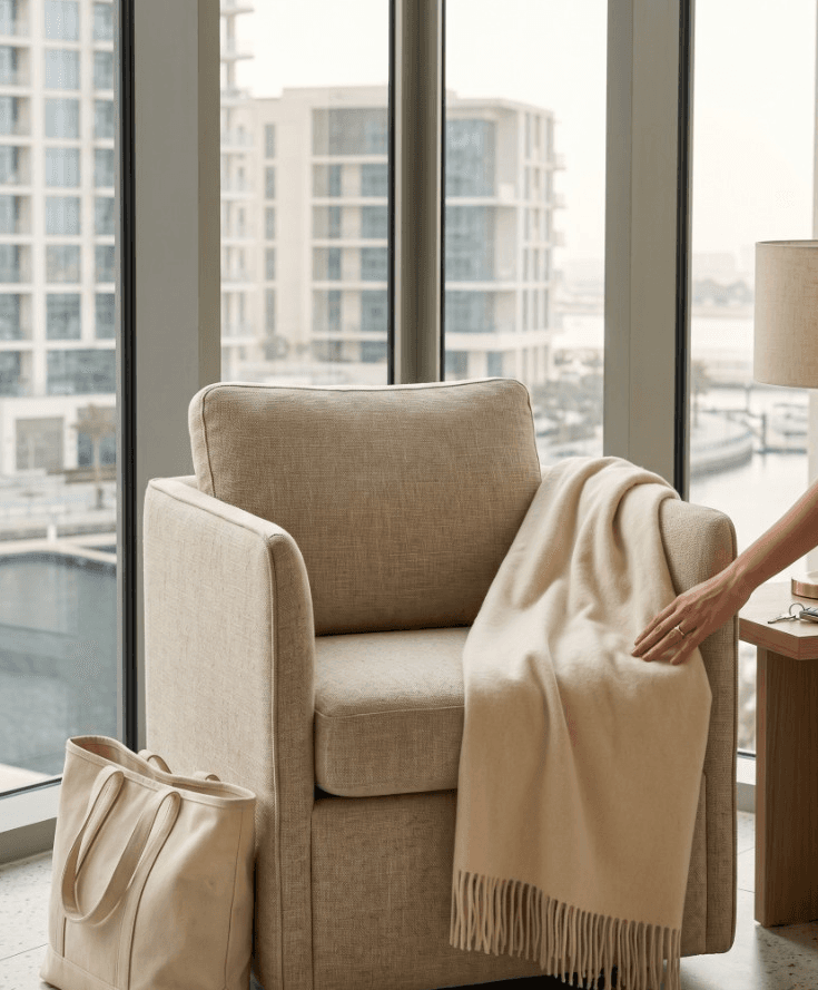 Armchair, folded throw, and tote bag beside a window in a Dubai Creek Harbour apartment, suggesting a well-kept furniture item ready for local exchange.