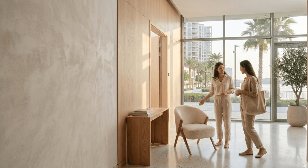 Two residents in a bright Dubai Creek Harbour residential entrance area, preparing a local furniture handover in a calm and practical setting.