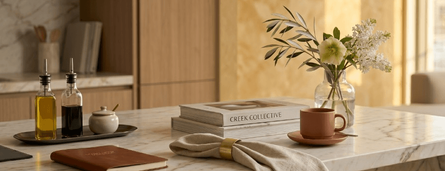 Spotless marble kitchen counter in a Dubai Creek Harbour apartment, styled to reflect a calm, well-maintained home.