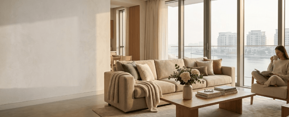 Calm, beautifully maintained living room in a Dubai Creek Harbour apartment, conveying the peace of mind of trusted household help.