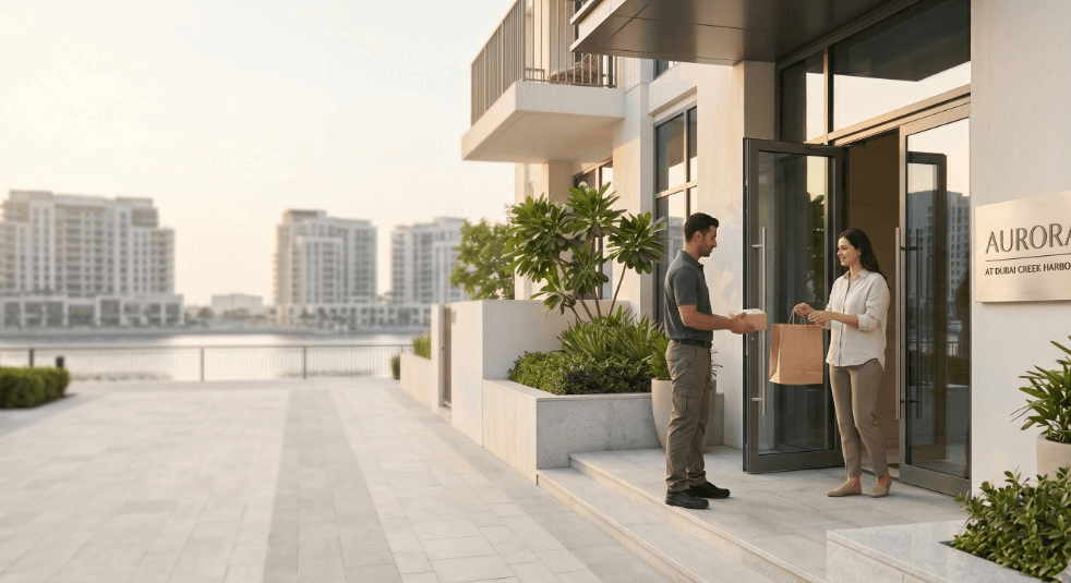 A delivery courier handing groceries and a parcel to a resident at the entrance of a Dubai Creek Harbour residential building.