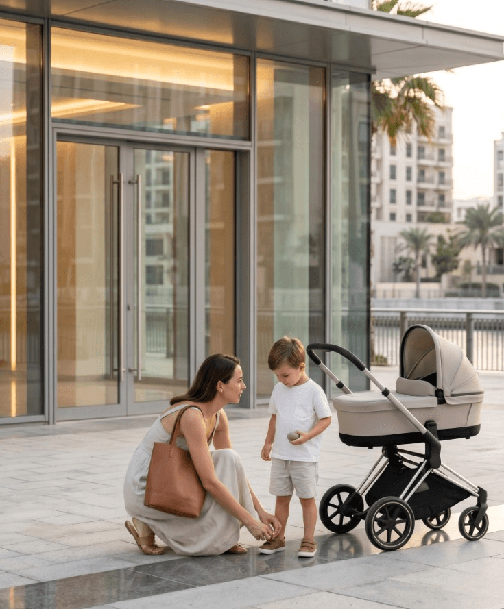 Mother and toddler beside a stroller on a wide Dubai Creek Harbour walkway, illustrating stroller-friendly family routines.