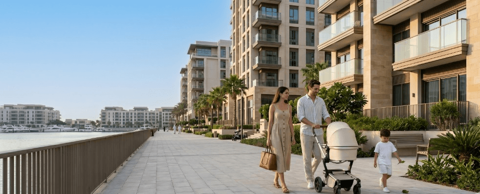 A young family walking with a stroller along the Dubai Creek Harbour waterfront promenade on a sunny day.