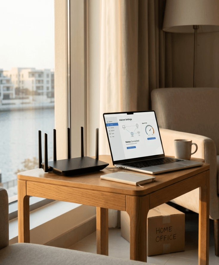 Home office side table by the window with a Wi-Fi router, laptop showing a connected status, and a moving box labelled Home Office, with Dubai Creek Harbour outside.