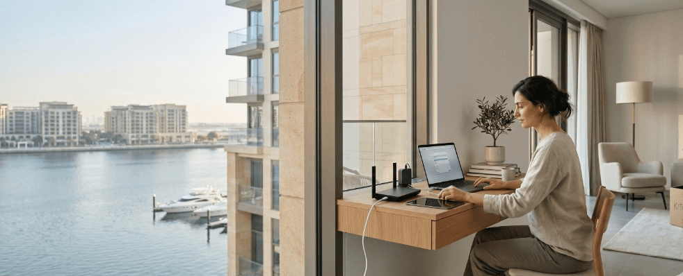 Resident working at a built-in desk with a laptop and a home Wi-Fi router beside a floor-to-ceiling window overlooking Dubai Creek Harbour.