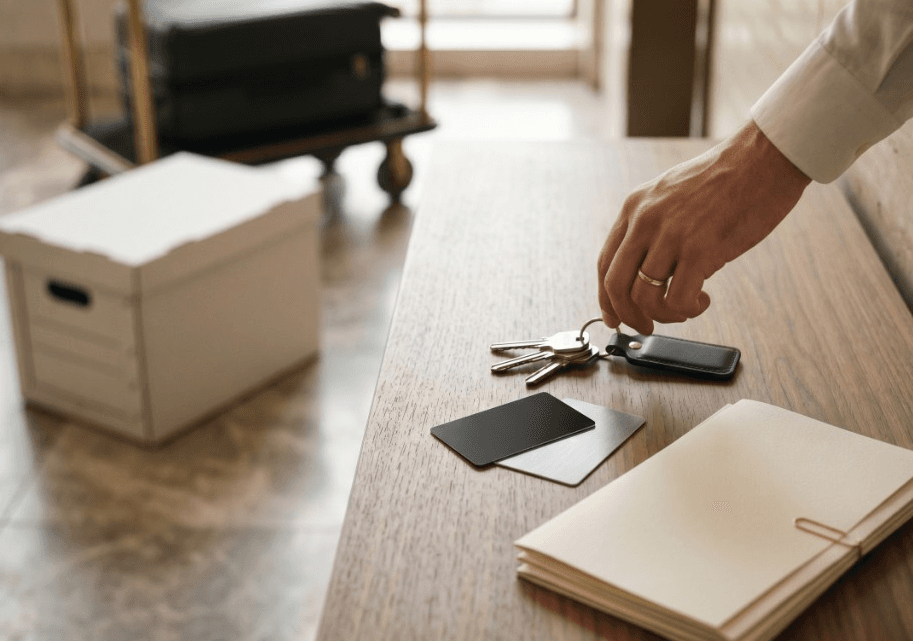 Keys, access cards, and move-in documents placed on a table inside a Dubai Creek Harbour building, representing the practical start of moving in.