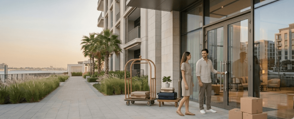 Residents arriving at a Dubai Creek Harbour building entrance with luggage and moving boxes, capturing the practical first moments of move-in day.