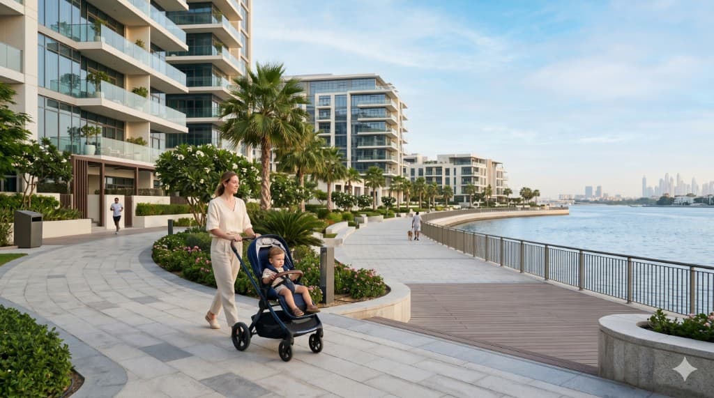 Parent pushing a stroller along the wide waterfront promenade at Dubai Creek Harbour, with modern residential towers and the creek in the background.