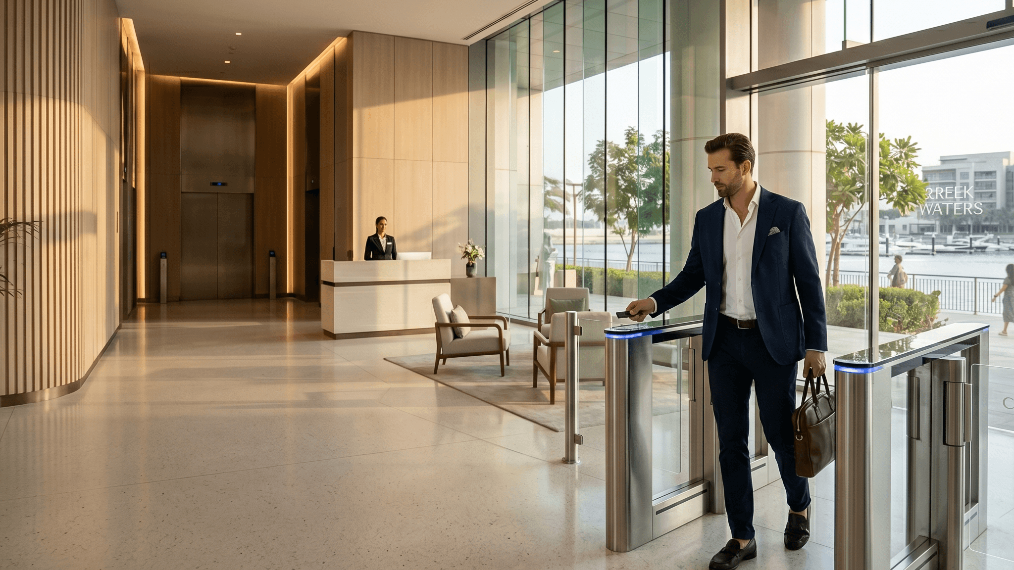 Resident using an access gate in a Dubai Creek Harbour lobby