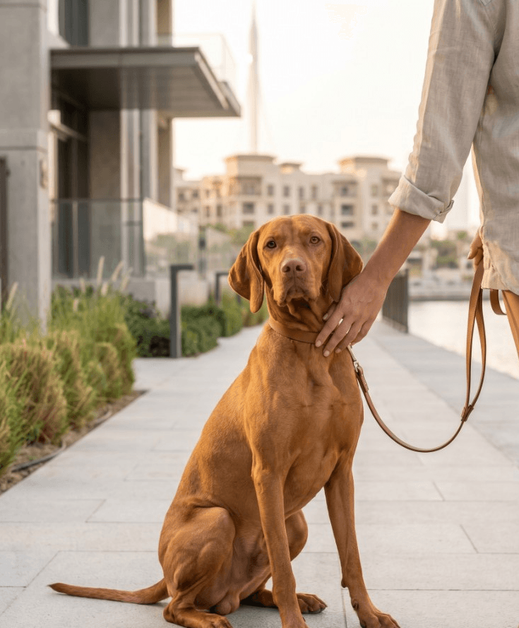 Dog sitting beside its owner on a Dubai Creek Harbour walkway, reflecting practical pet-friendly life in the community.