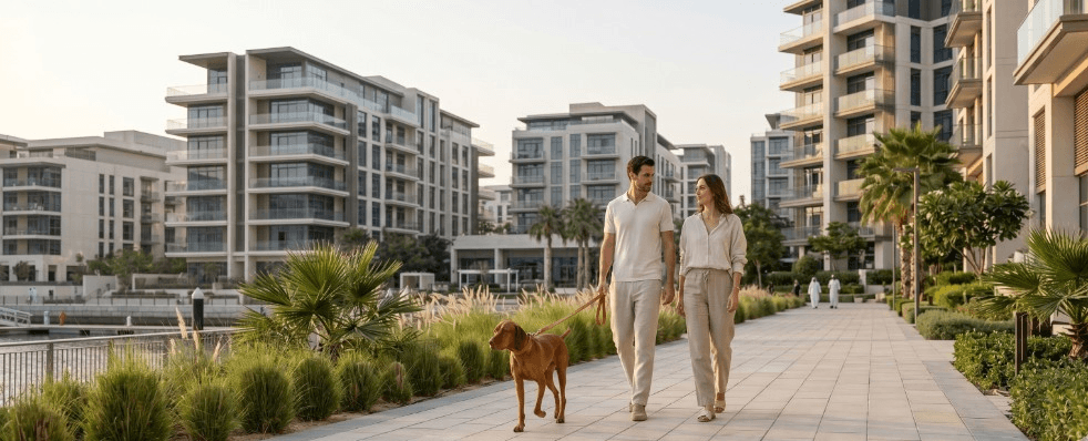 Two residents walking a dog along the Dubai Creek Harbour promenade, showing calm everyday pet-friendly life in the neighbourhood.