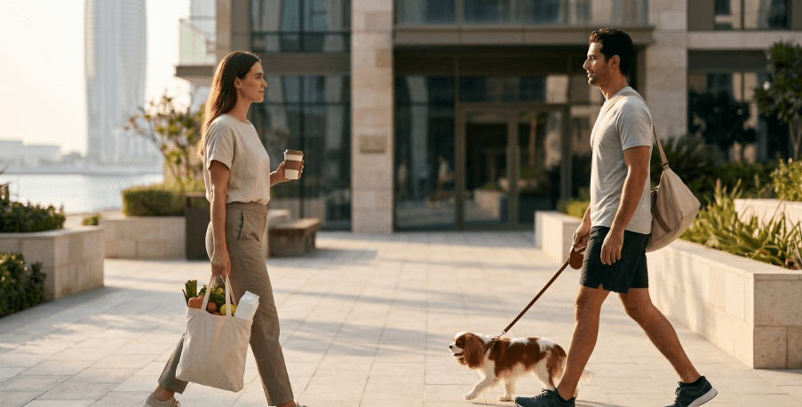 Two residents passing each other in a Dubai Creek Harbour walkway, reflecting everyday local life in the neighbourhood.