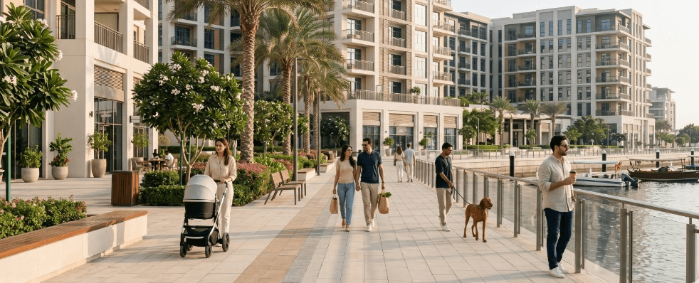 Residents walking along the Dubai Creek Harbour waterfront promenade, showing the calm rhythm of everyday neighbourhood life.