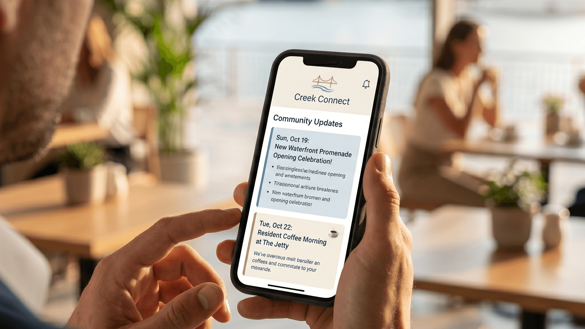 Close-up of a resident using a clean, organized community app on a smartphone in Dubai Creek Harbour.