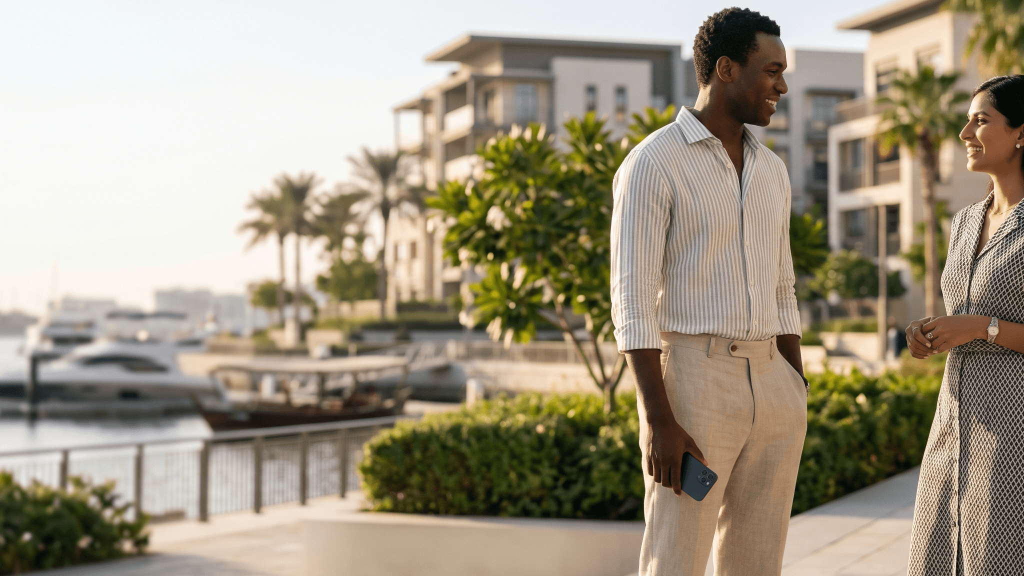 Two neighbours talking calmly on the Dubai Creek Harbour promenade, representing a connected, premium resident community.